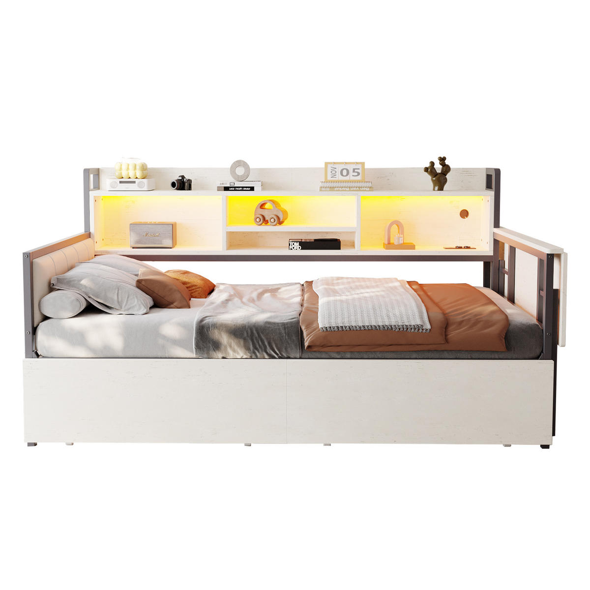 BETT 90/200 cm mit LED-Beleuchtung und Schreibtisch Weiß - Weiß, Metall (90/200cm) - OKWISH