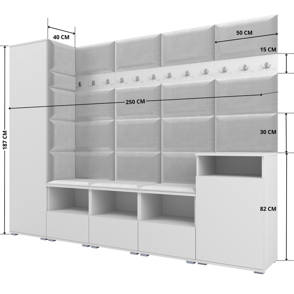 GARDEROBE NELA XI 250 cm (Modulare Flurmöbel Weiß mit Sitzpolster Hellgrau 32 Großes Set) - Silberfarben/Hellgrau, Holz/Holzwerkstoff (250/187/40cm) - Ravio