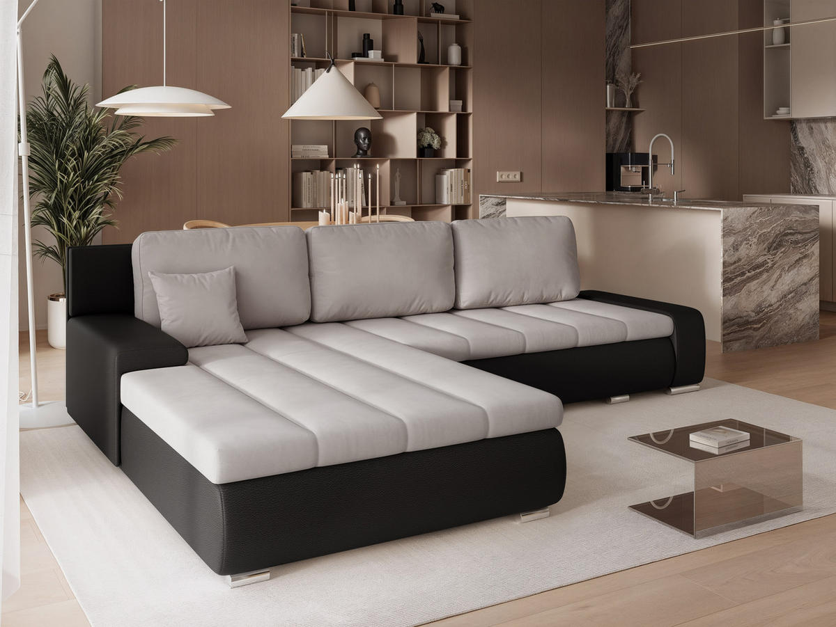 ECKSOFA VELANO mit Schlaffunktion und Bettkasten Schwarz/Hellgrau - Hellgrau, Holzwerkstoff/Kunststoff (250/90cm) - Idohome