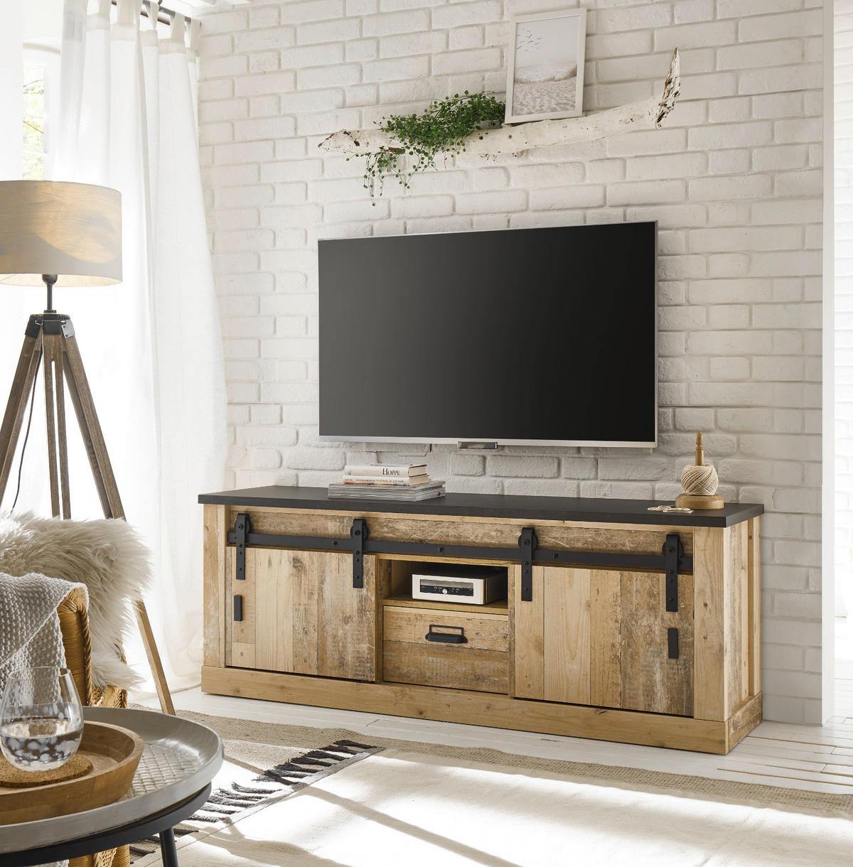 TV-LOWBOARD Used Wood hell, anthrazit 162 x 61 cm, TV Unterteil in Komforthöhe - Anthrazit/Schwarz, Holzwerkstoff/Metall (162/61/43cm) - Furn.Design