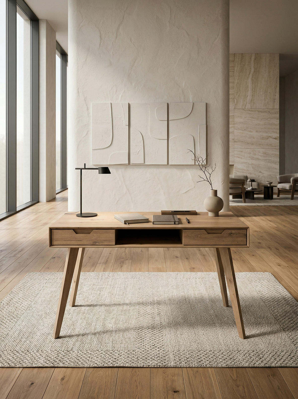 SCHREIBTISCH – 120x55x77 cm, Skandinavischer Stil, 2 Schubladen, Eichenbeine - Beige, Eichenholz/Holz (55/120/77cm) - KADIMA DESIGN