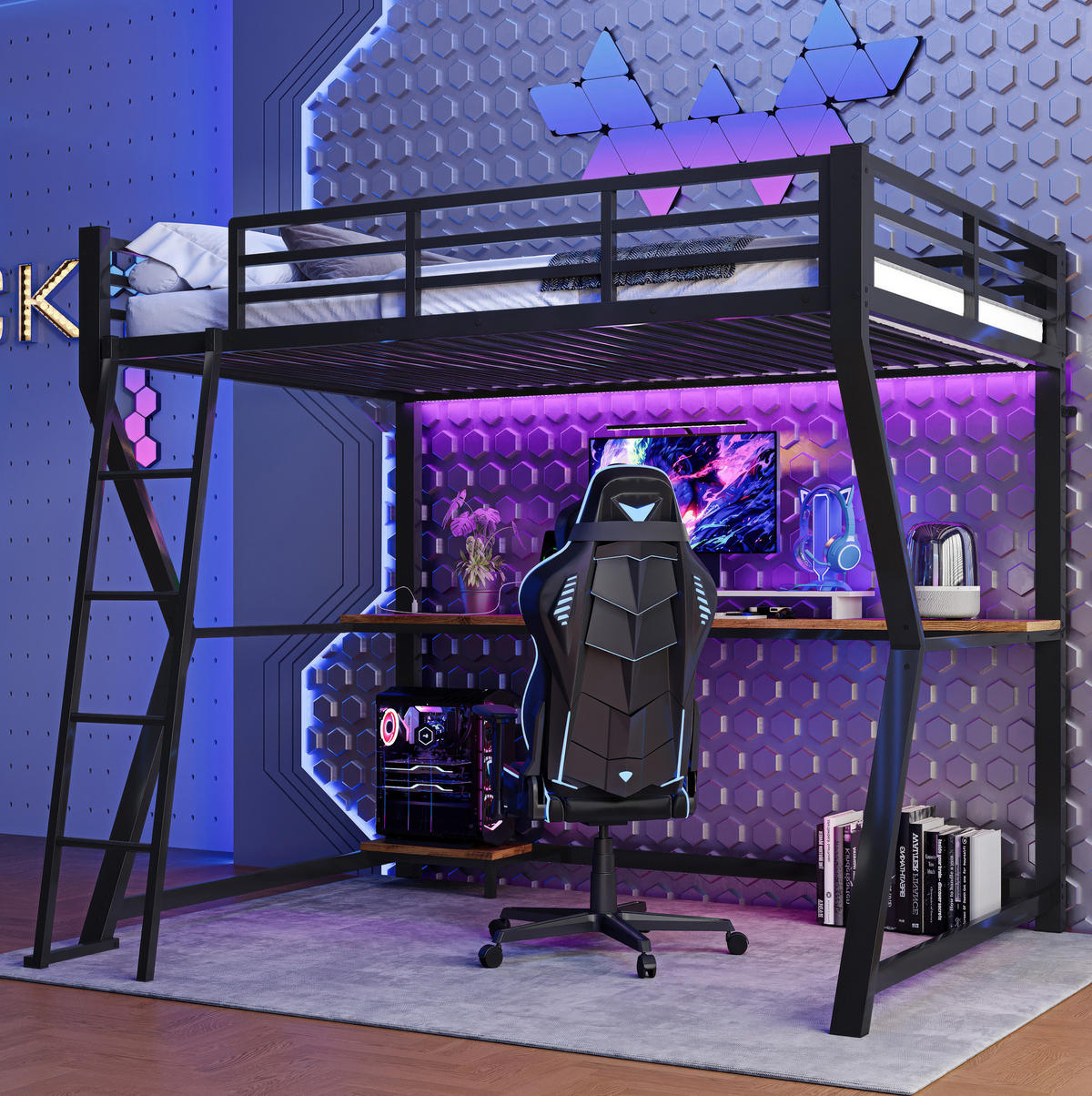 HOCHBETT 90/200 cm mit LED-Beleuchtung, Schreibtisch, Steckdose, USB und Treppe, Schwarz - Schwarz, Metall (90/200cm) - Redom