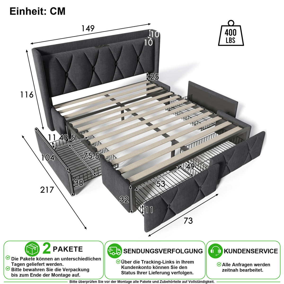 ČALOUNĚNÁ POSTEL 140/200 cm v šedé barvě se 4 zásuvkami, USB a zásuvkami - šedá, kov/kompozitní dřevo (140/200cm) - CHICFURN