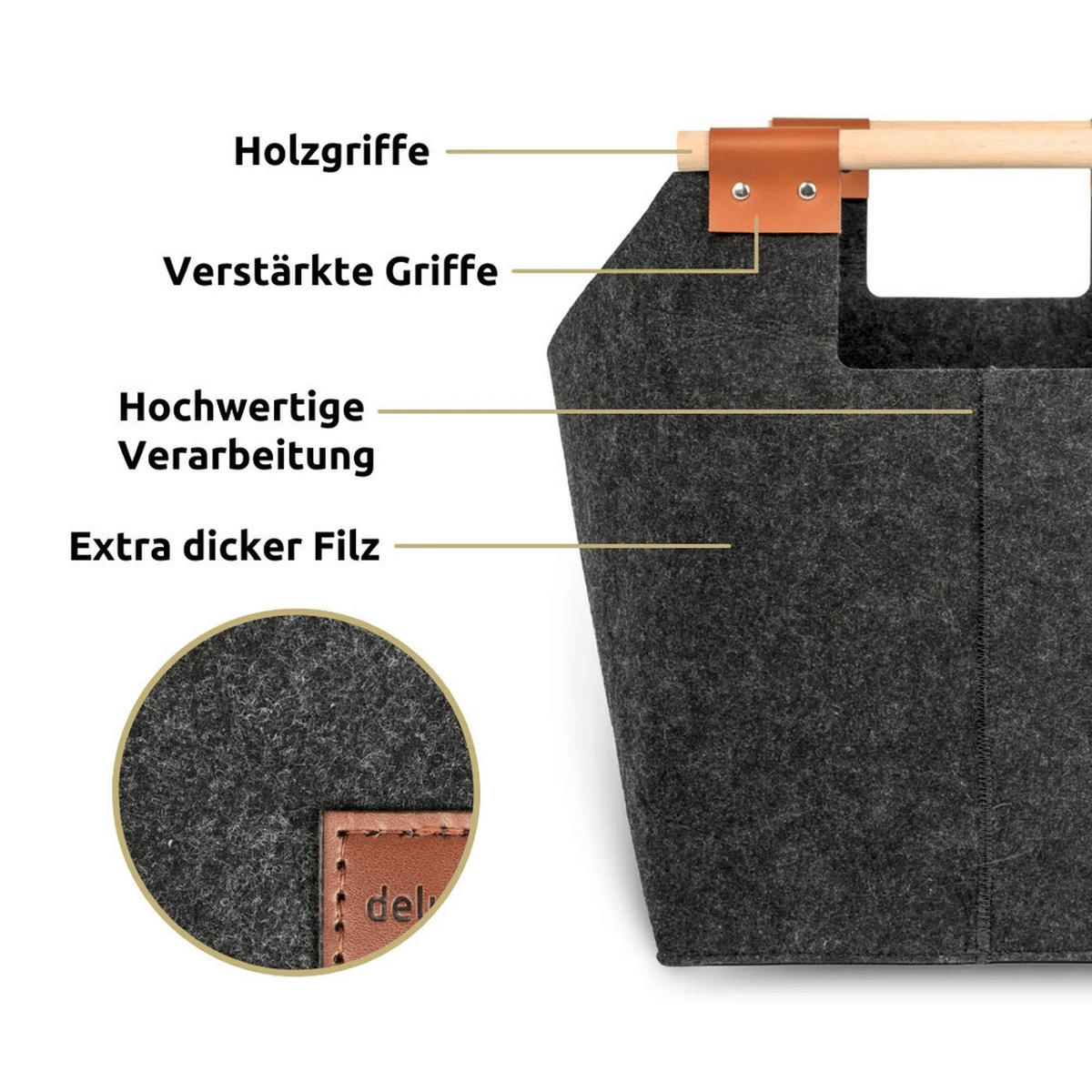 KAMINHOLZKORB Filz Grau MELLA XXL Korb 57L Holzkorb - Grau, Textil (45/40/32cm) - DELUKE