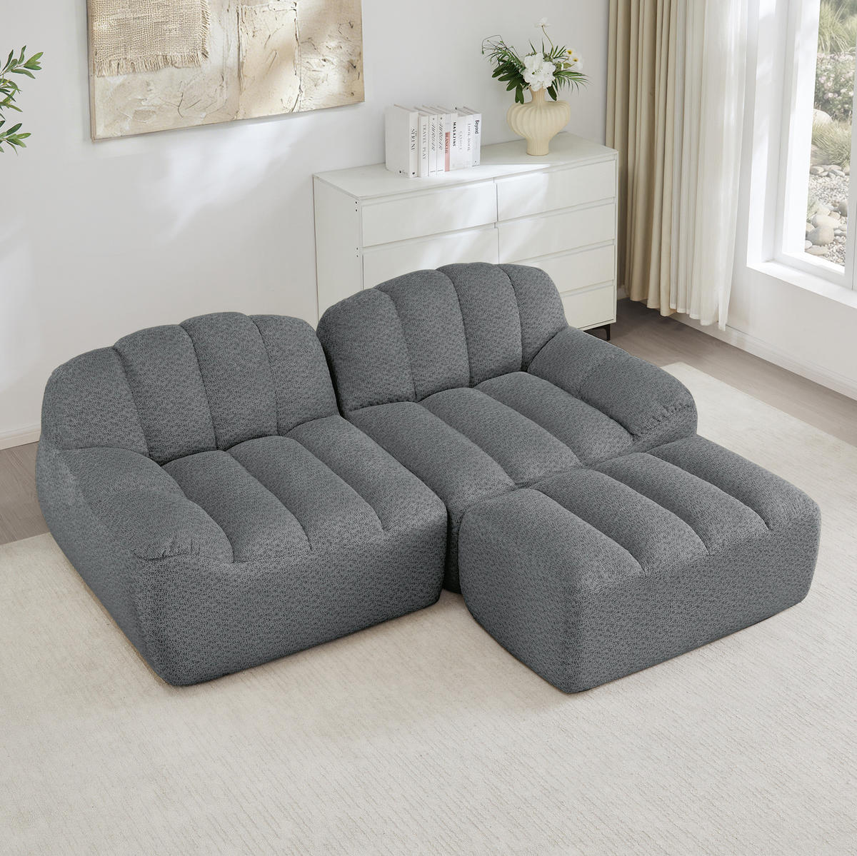 SOFA 210/165/79 cm in Grau mit Ottoman und weichem Fleecebezug - Grau, Textil (165/79/210cm) - Flora Grace