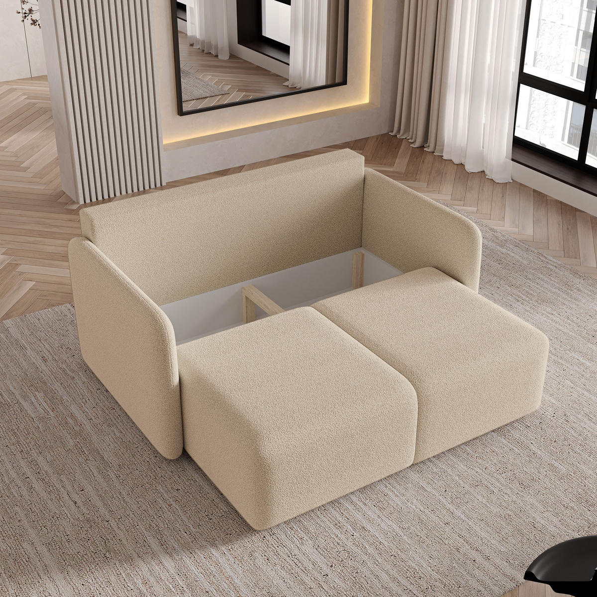 BETTSOFA SUVI II Q Beige Bucle-Stoff mit Schlaffunktion - Beige, Textil (90/85/153cm) - MASSENO