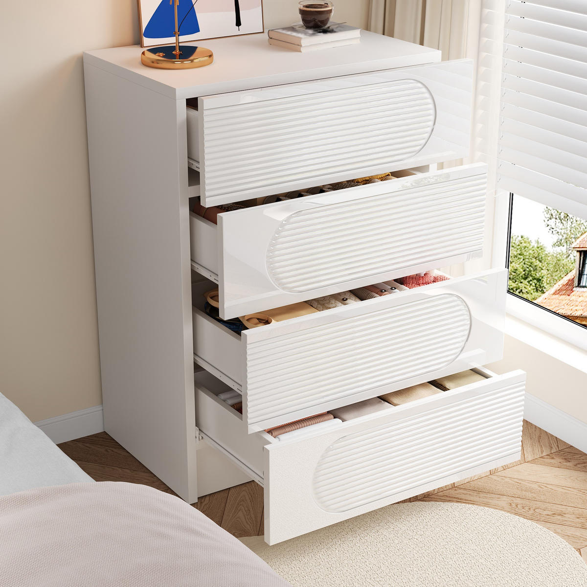 AUFBEWAHRUNGSSCHRANK 4 Schubladen Stauraum Vollauszüge Vielseitig - Weiß, Holzwerkstoff (38.5/85/60cm) - FLIEKS