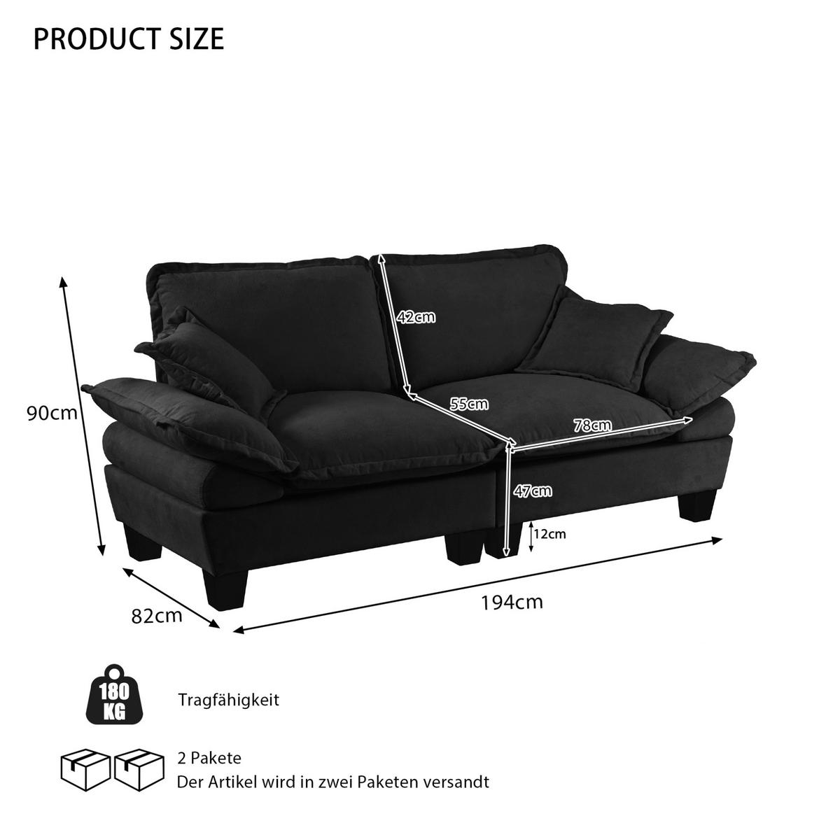 SOFA 2-Sitzer Modulsofa ca. 194 x 82 x 90 cm Chenille Black - Schwarz, Holzwerkstoff (82/90/194cm) - Meubliv