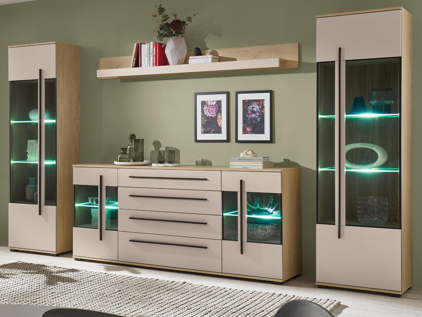 WOHNWAND Kaschmir, Eiche 4-teilig 340 cm, Schrankwand Set mit Soft-Close - Kaschmir/Eichefarben, Glas/Holzwerkstoff (340/200/42cm) - Furn.Design