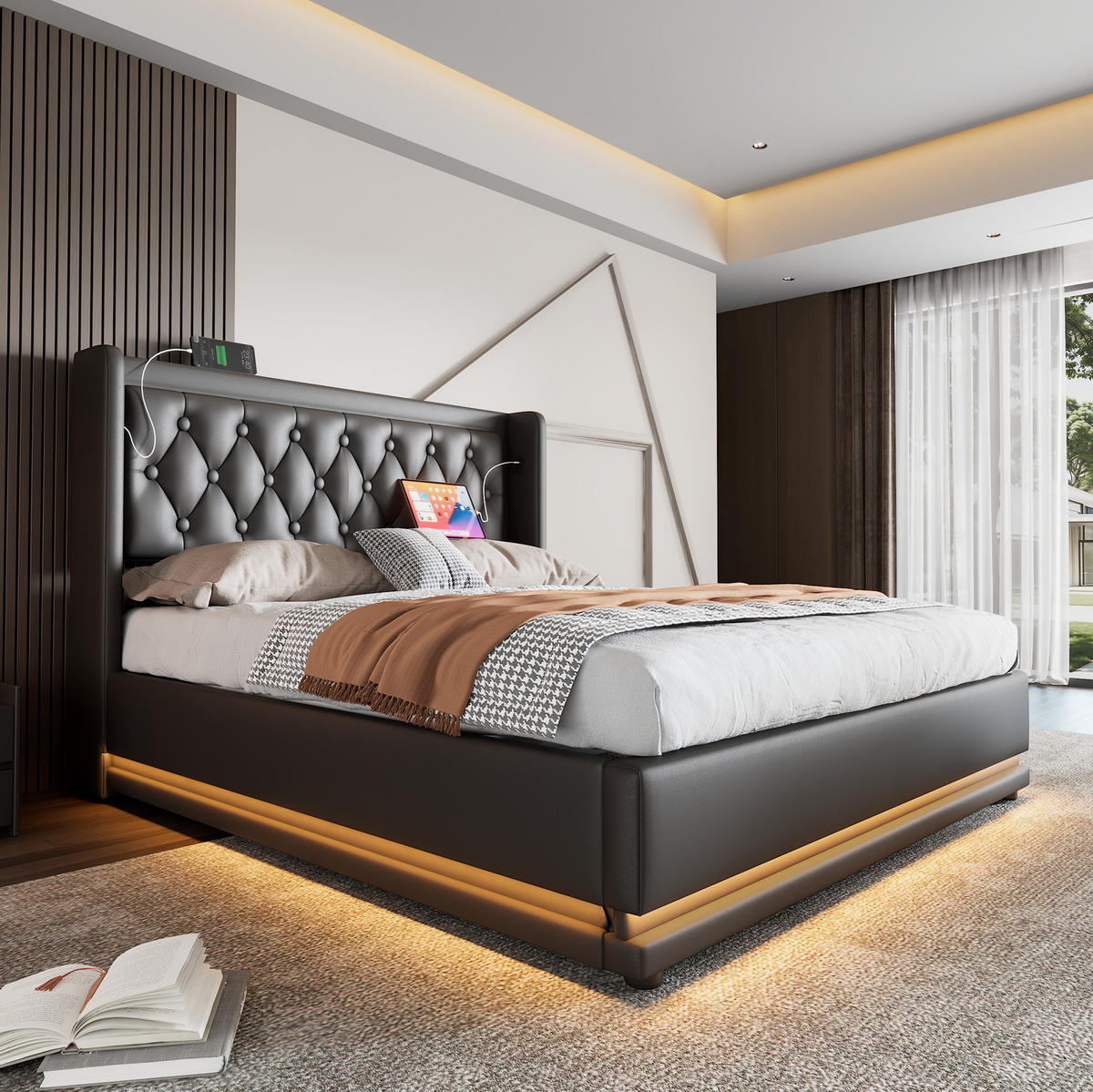 ČALÚNENÁ posteľ z PU 140x200 cm čierna s hydraulickým úložným priestorom, USB-C a LED osvetlením - čierna, koža (140/200cm) - Modfu
