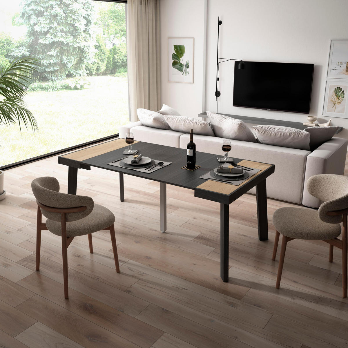 KONSOLENTISCH ausziehbar 58 bis 180cm, für 8 Gäste, eiche, schwarz, 90/58/73cm - Eichefarben/Schwarz, Holzwerkstoff (90/180/73cm) - Skraut Home