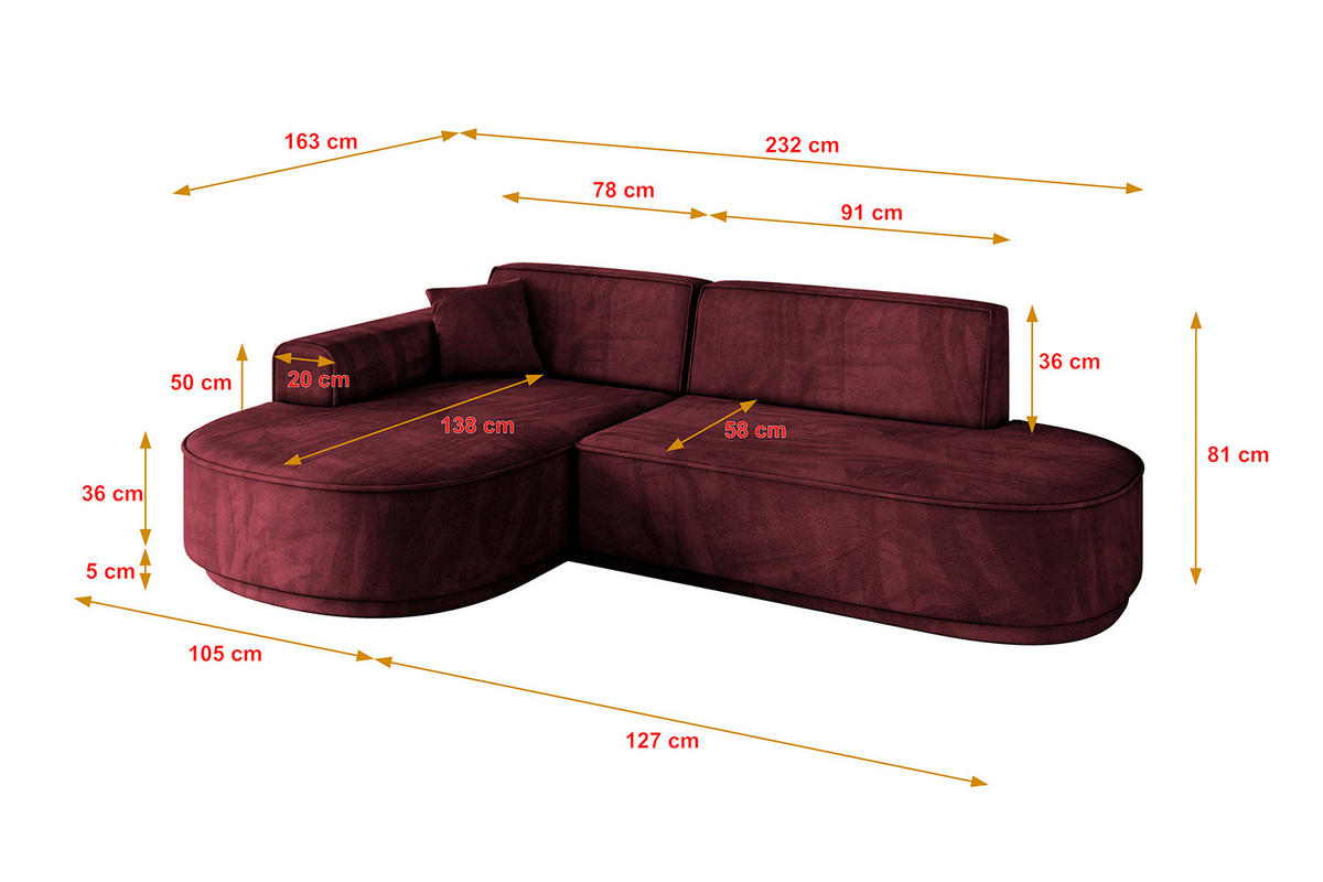 ECKSOFA Ottomane Links MARI-L1-v3 - 232x163x81 cm Bordeaux Velours - Bordeaux/Schwarz, Holzwerkstoff/Kunststoff (232/163cm) - ALTDECOR