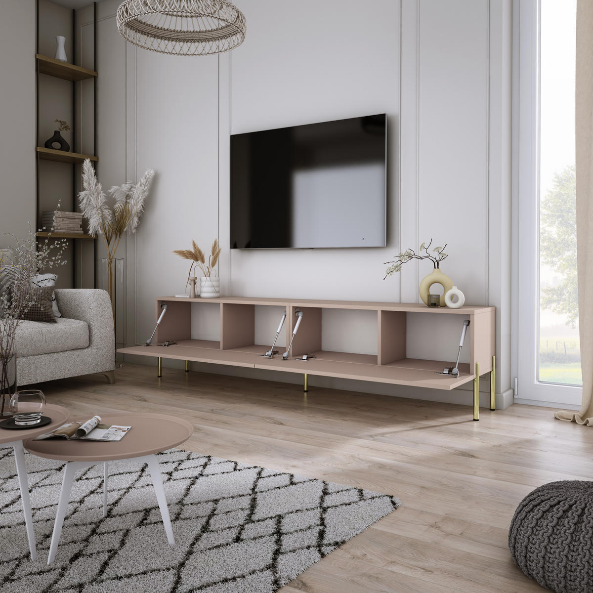 TV-SCHRANK : Karamellbraun, 170 x 52 x 32 cm, Goldene Beine - Goldfarben/Braun, Holzwerkstoff/Metall (170/52/32cm) - 3XE LIVING