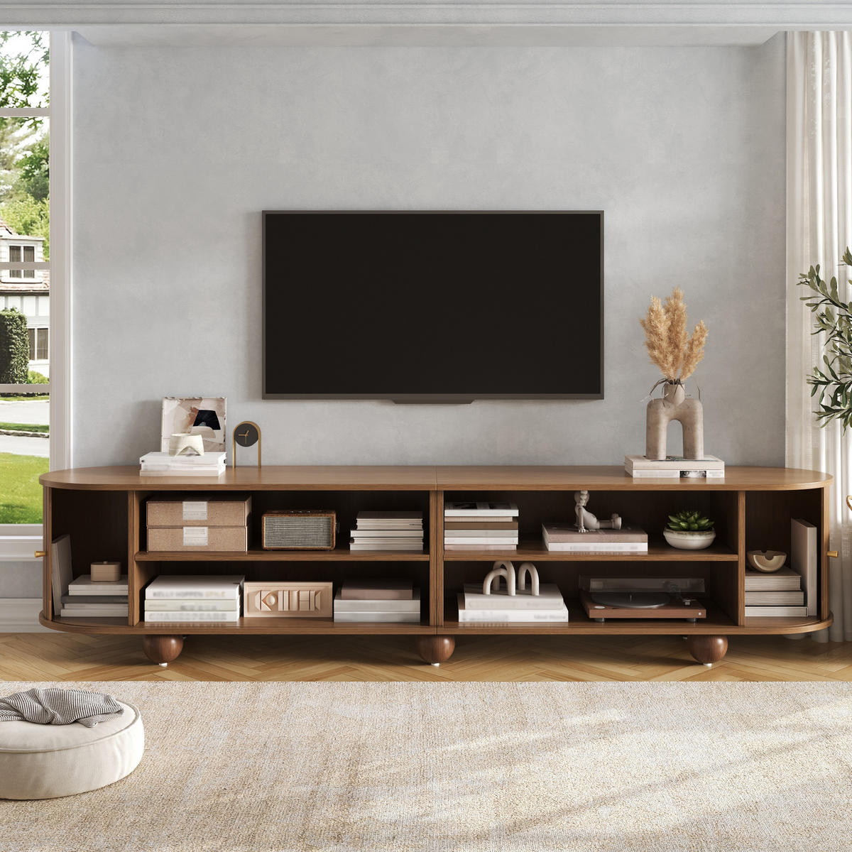 TV-LOWBOARD Rund Rillenoptik Schiebetüren Retro Kugelfüße - Walnussfarben, Holzwerkstoff (180/45/35cm) - FLIEKS