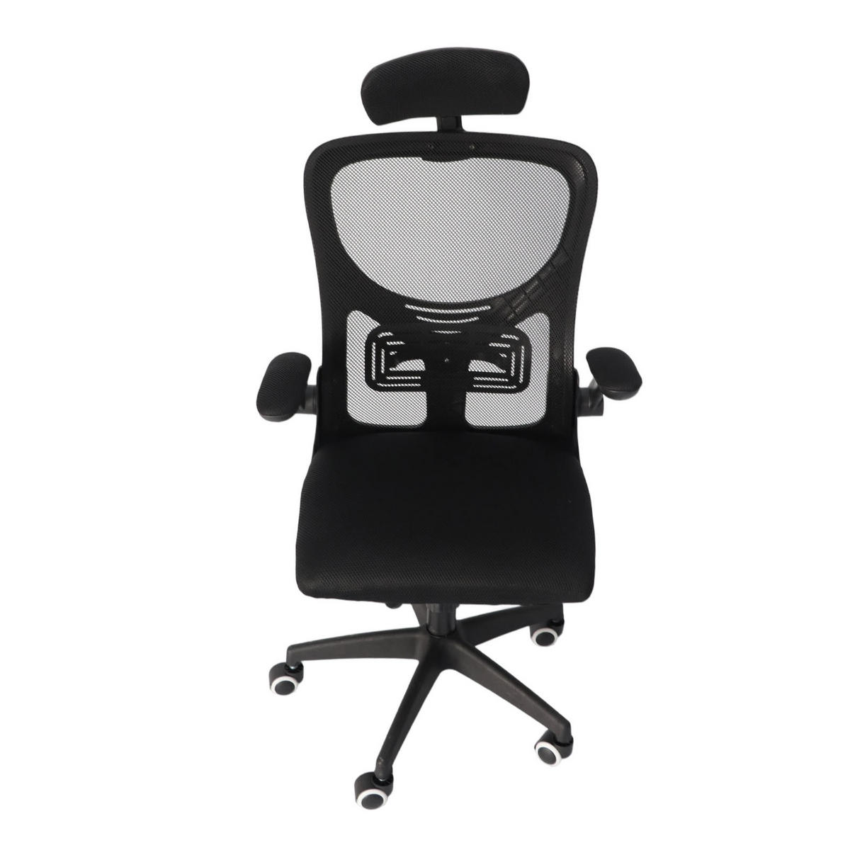 BÜROSTUHL ergonomisch Schwarz – Mesh Drehstuhl mit hoher Rückenlehne, Lendenstütze, 3D Kopfstütze & klappbaren Armlehnen - Schwarz, Kunststoff (51/58/26cm) - Ej. Life