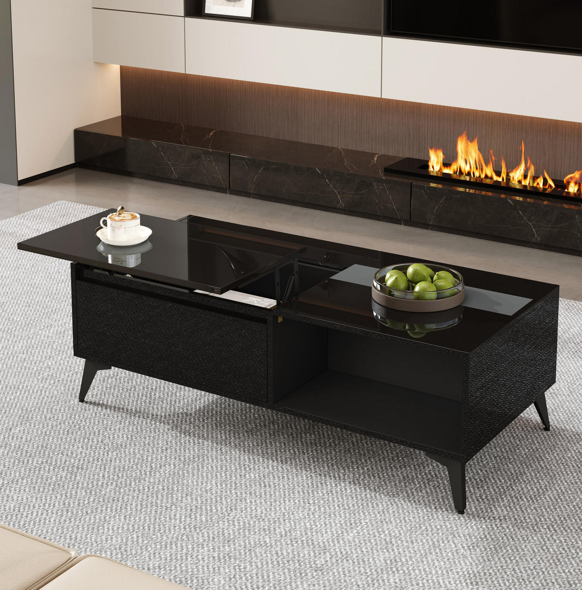 COUCHTISCH 110/50/48 cm Schwarz Hochglanz mit Hebemechanismus und Stauraum - Schwarz, Holzwerkstoff (110/50/48cm) - OKWISH