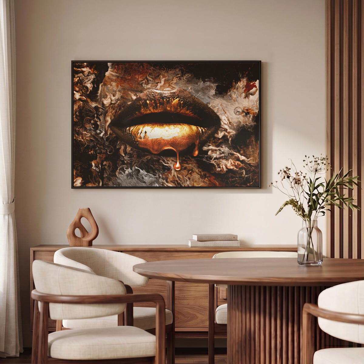 LEINWAND Bilder mit Rahmen - Gold - Lippen - Kunst - Gold - Luxus - Abstrakt - 90x60 - Kupferfarben, Textil (90/60cm) - MuchoWow