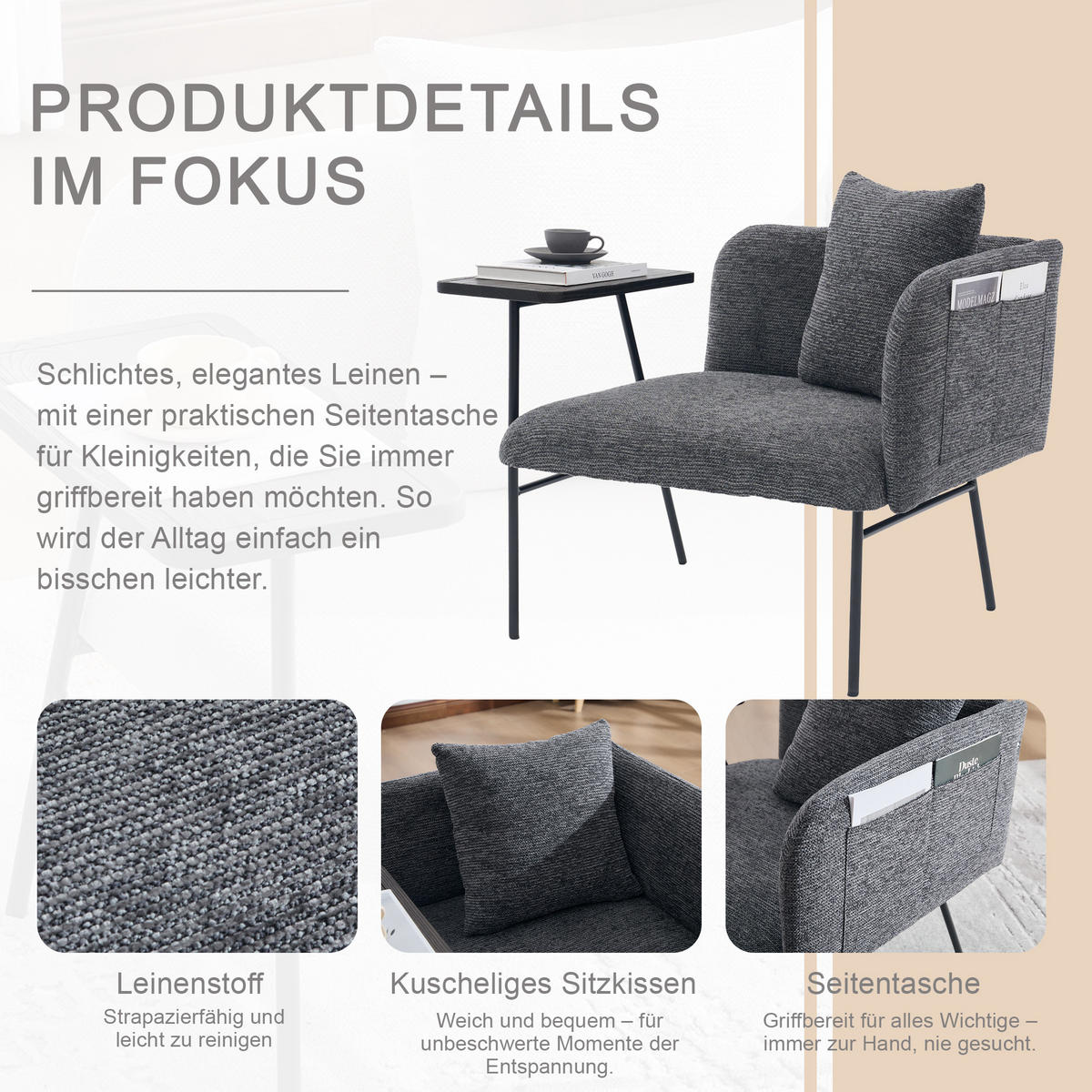 SESSEL Chenille Dunkelgrau mit Beistelltisch und Seitentaschen - Dunkelgrau, Textil/Metall (86/71/72cm) - WISHDOR