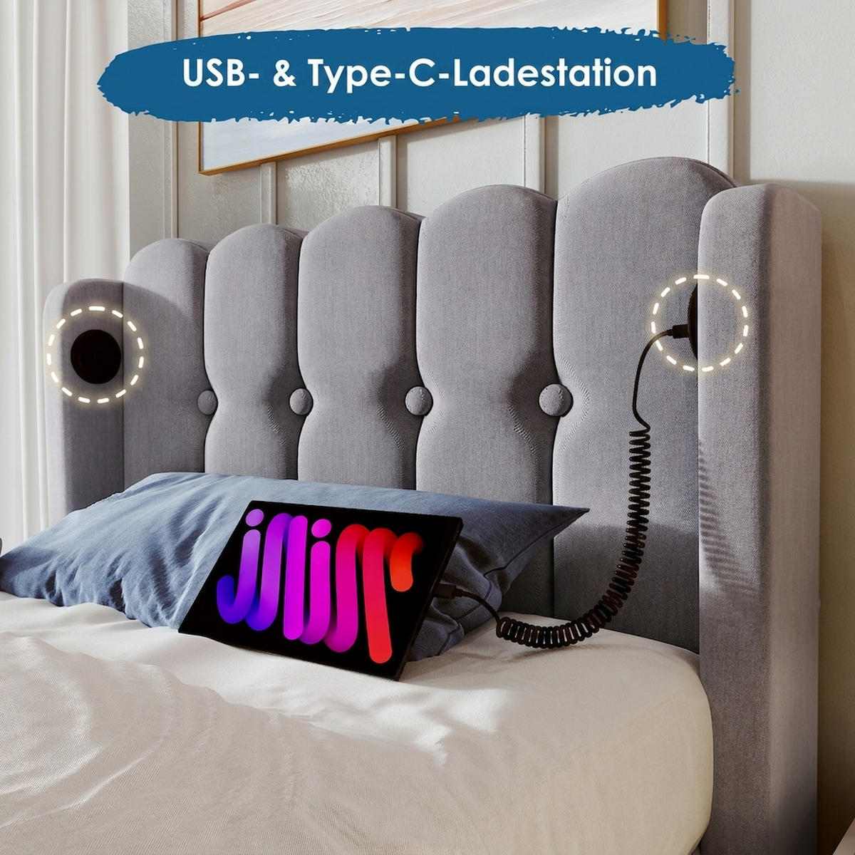 POLSTERBETT 90/200 cm Grey mit USB Typ C Ladefunktion - Grau, Textil (90/200cm) - Oxeza