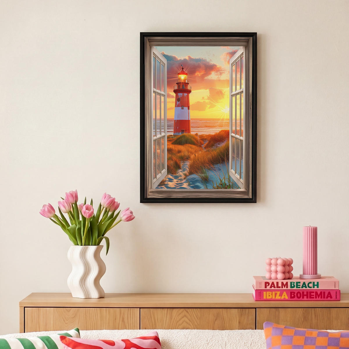 LEINWAND Bilder mit Rahmen - Aussicht - Fenster - Leuchtturm - Sonnenuntergang - Strand - 20x30 - Dunkelorange, Textil (20/30cm) - MuchoWow