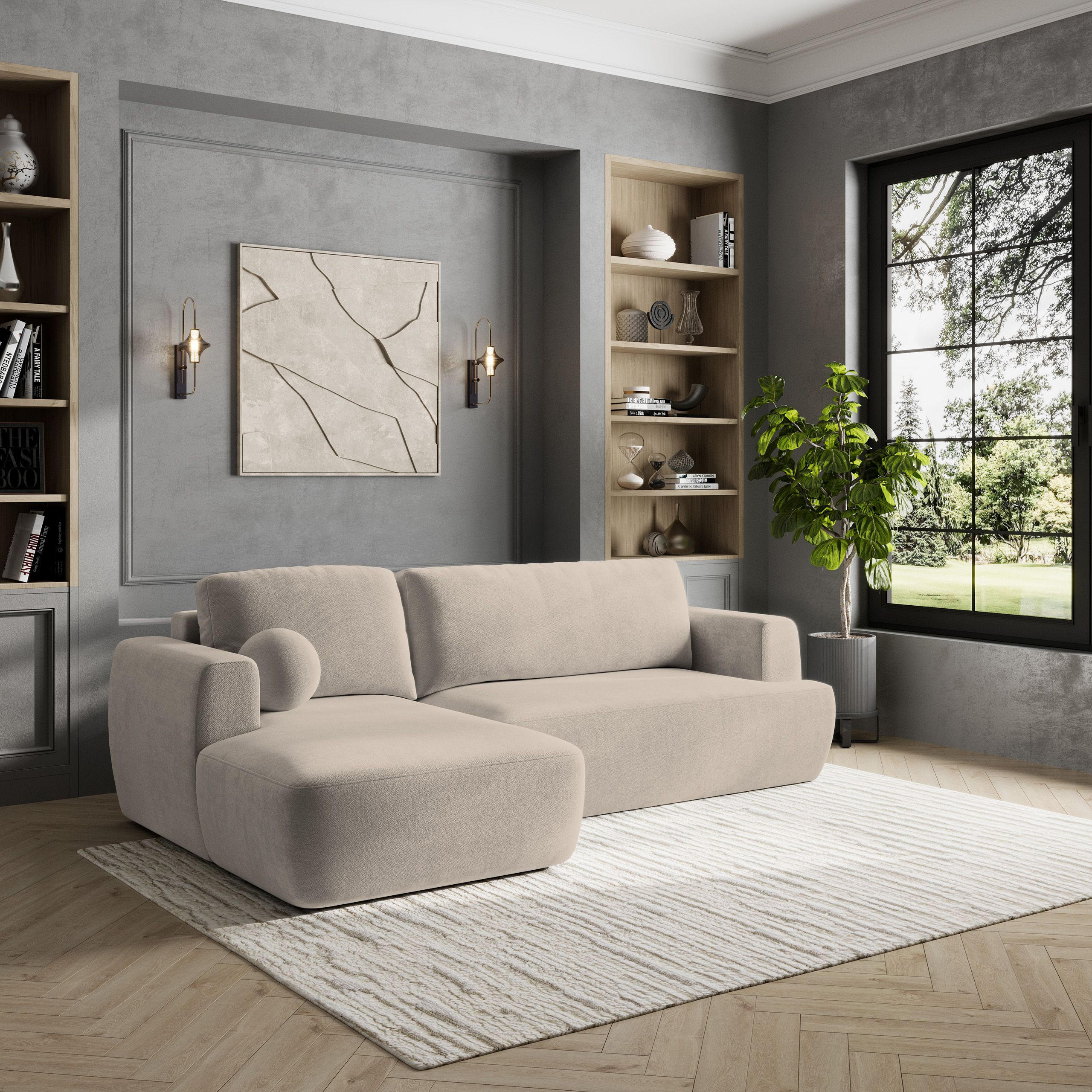 ECKSOFA SENTI K L-S Beige Plüsch-Stoff mit Schlaffunktion - Beige, Holz (246/148cm) - MASSENO