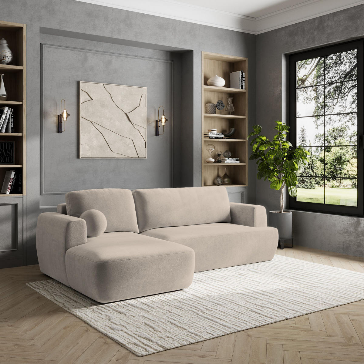 ECKSOFA SENTI K L-S Beige Plüsch-Stoff mit Schlaffunktion - Beige, Holz (246/148cm) - MASSENO