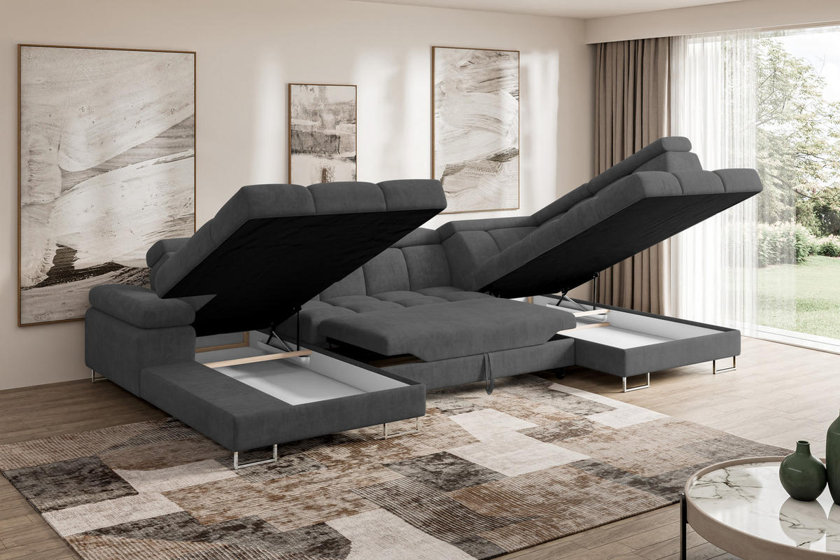 WOHNLANDSCHAFT mit Schlaffunktion und Bettkasten Ottomane RECHTS COMA U 345x203x79 Dunkelgrau Velours - Dunkelgrau, Holzwerkstoff/Textil (203/79/345cm) - ALTDECOR