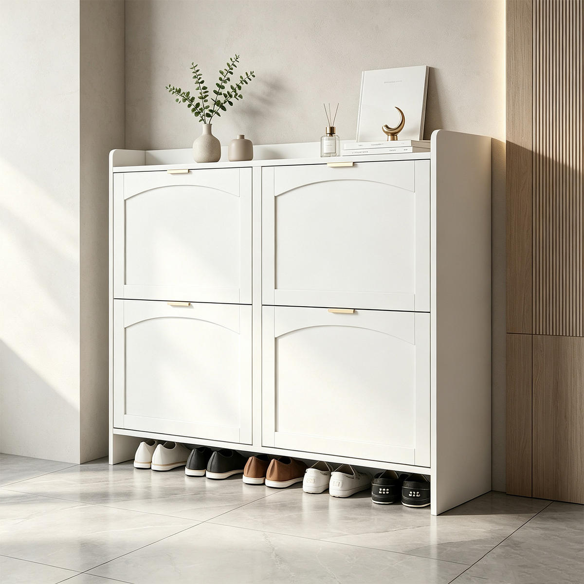 SCHUHSCHRANK mit 4 Kippfächern, offenen Ablagen, weiß - Weiß, Holzwerkstoff (24/90/110cm) - Meubles Cosy