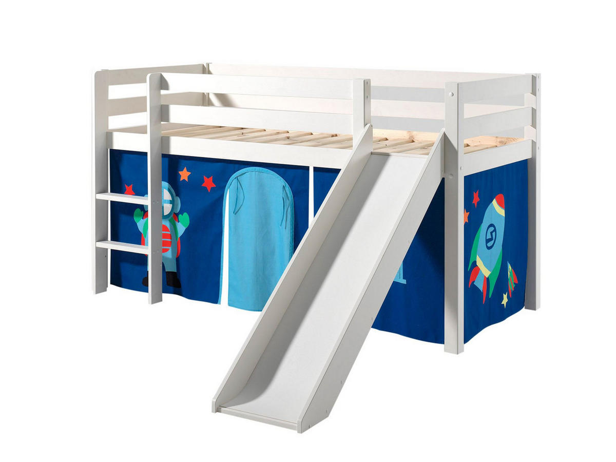 HOCHBETT mit Rutsche Karolina Massivholz Weiß Textilset Astro 1 - Blau/Weiß, Holz (90/200cm) - 58aufmkessel