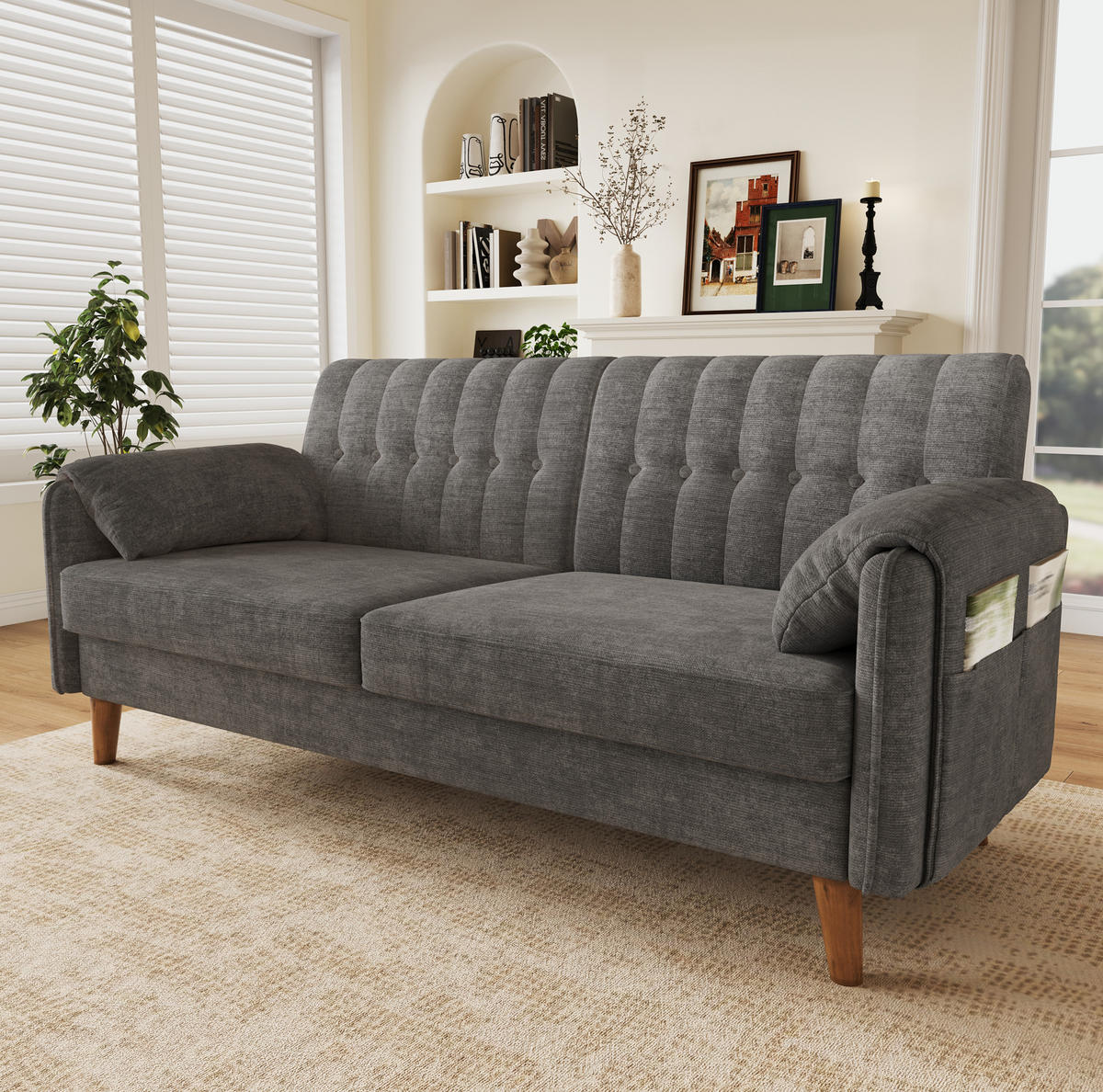 SOFA 161,5/79/83,5 cm in Hellgrau mit Chenillebezug und Seitentaschen - Hellgrau, Textil (79/83.5/161.5cm) - Flora Grace
