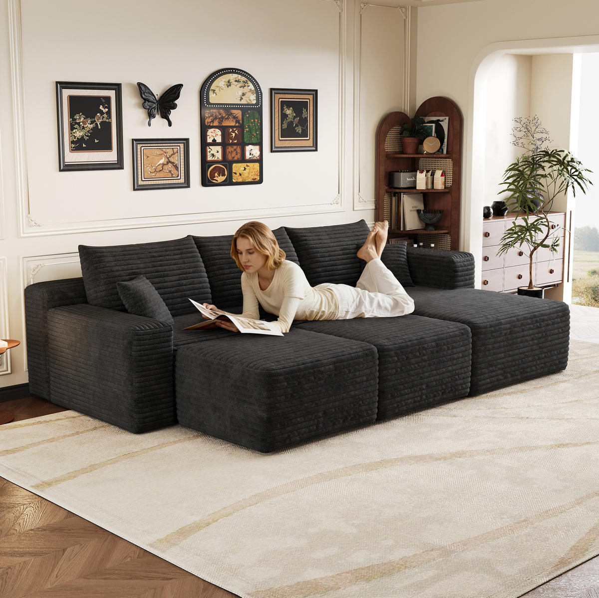 ECKSOFA 241/151/58 cm Schwarz aus Stoff mit Cordbezug und ohne Montage - Schwarz, Textil (151/241cm) - OKWISH