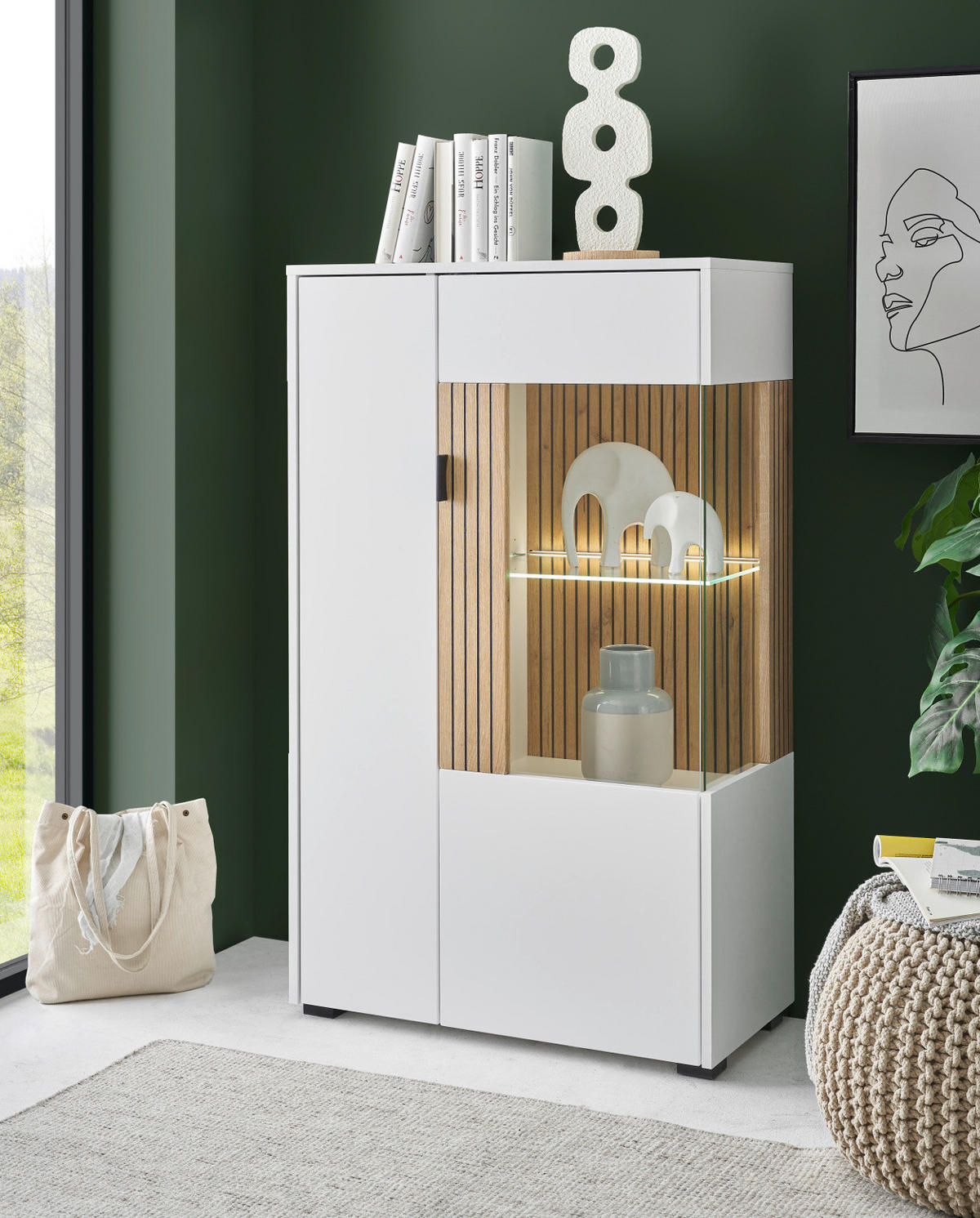 VITRINE weiß matt, Eiche 75 x 125 cm, Highboard mit Soft-Close-Funktion - Eichefarben/Schwarz, Glas/Holzwerkstoff (75/125/38cm)