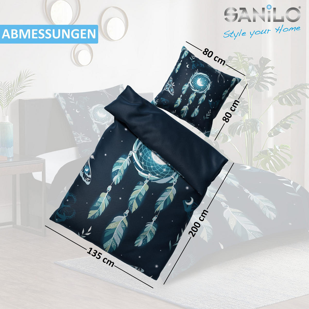 BETTWÄSCHE 2-teilig Traumfänger - Blau, Naturmaterialien (135/200cm) - Sanilo