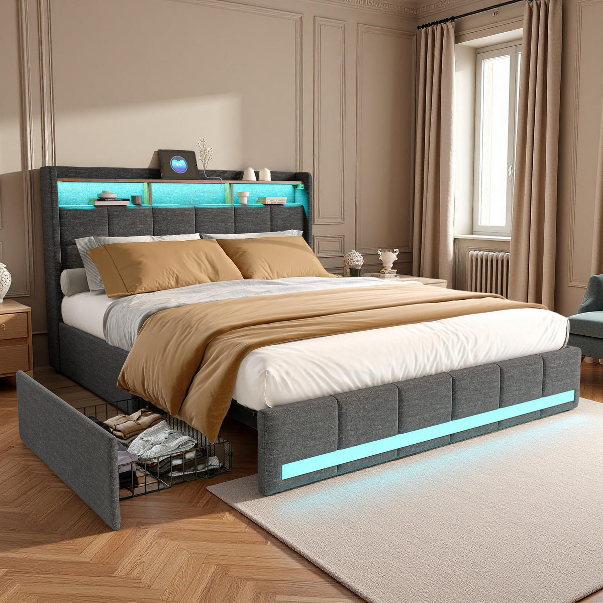 POLSTERBETT 140x190 cm Grau Leinen LED USB 4 Schubladen - Grau, Metall - SHOPENTRA