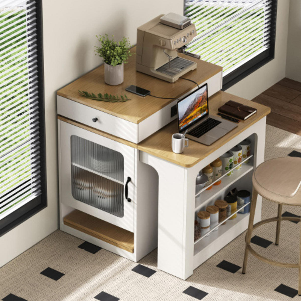 SIDEBOARD mit Riffelglastüren & integrierter Steckdosenstation weiß 80×71-151×92 cm aus MDF und Glas - Weiß, Holzwerkstoff (151/92/80cm) - Luhomfu