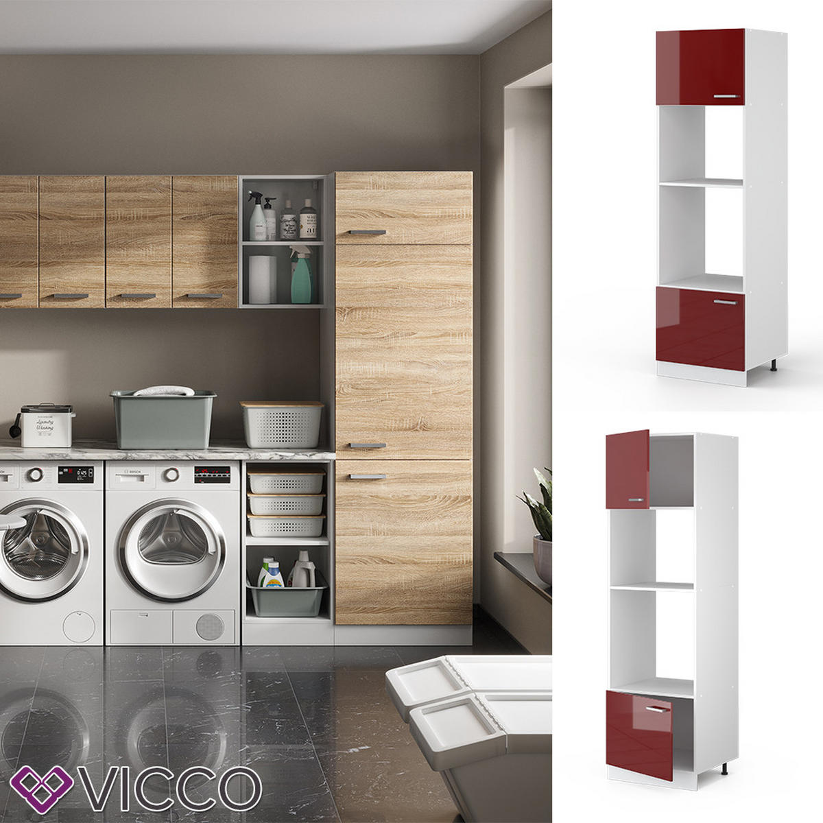 HOCHSCHRANK R-Line Bordeaux Hochglanz 60 cm mit offenen Regalen und Türen - Bordeaux/Weiß, Holzwerkstoff (60/207/57.2cm) - Vicco