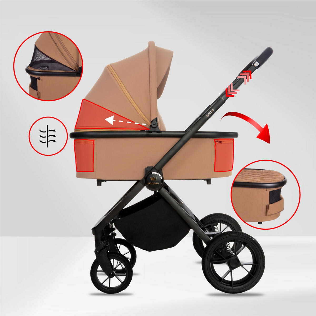 KINDERWAGEN Boldo 3in1 Sapphire Babywanne, Buggy Sportsitz, Babyschale I-Size - Beige/Schwarz, Textil/Metall (58/98cm) - BabyLux