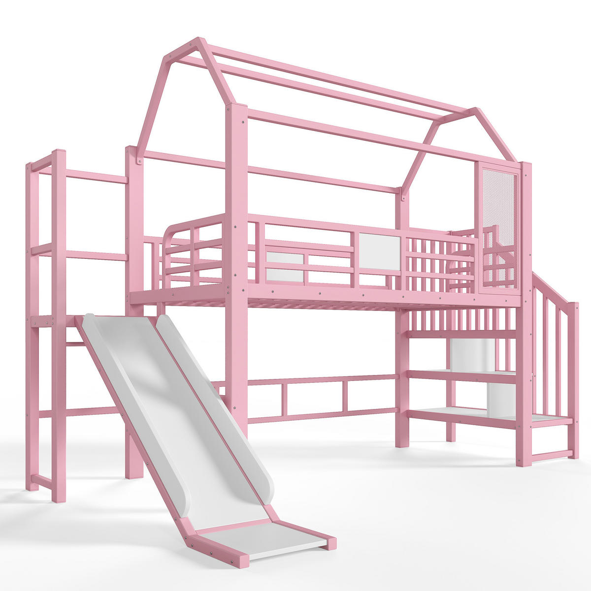 KINDERHOCHBETT MDF & Metall 90x200 cm Pink mit Rutsche, Treppe und LED-Beleuchtung im Hausdesign - Pink, Holzwerkstoff (90/200cm) - Modfu