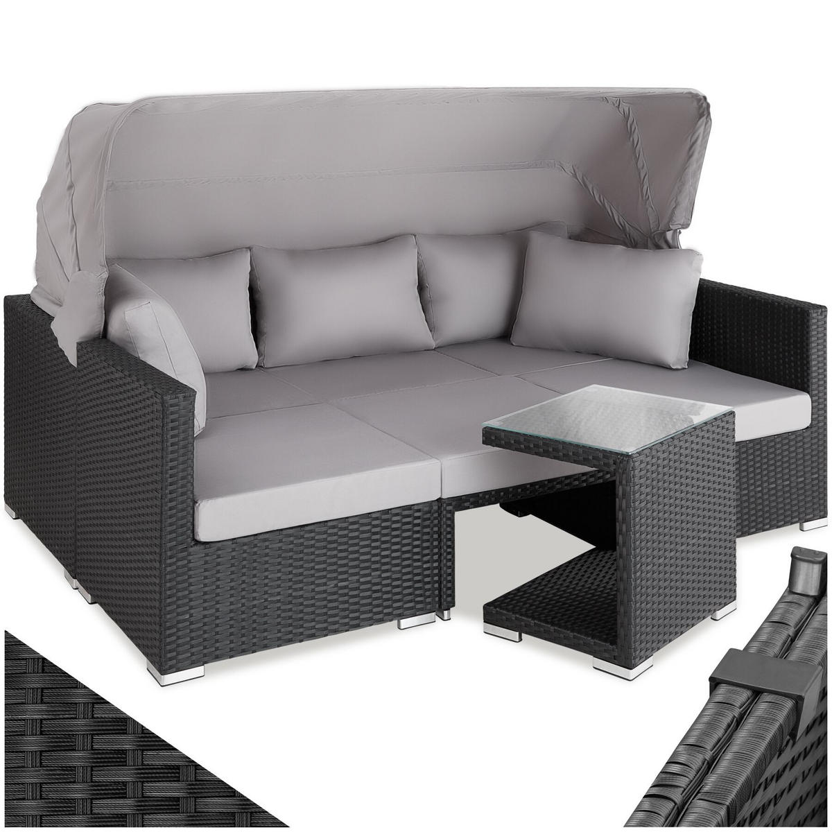 ALUMINIUM RATTANLOUNGE San Marino, mit klappbarem Sonnenschutz, schwarz - Schwarz, Kunststoff (68/131/199cm) - tectake