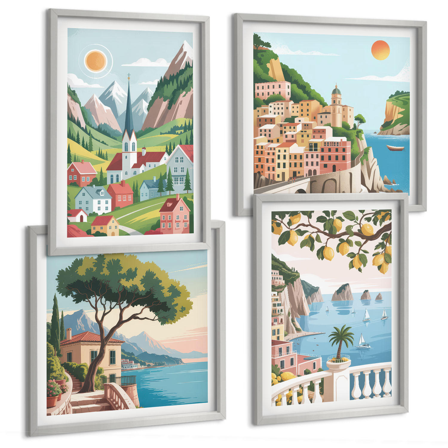 BILDER SET 4er Set - 50x50 cm & 40x60 cm Silberner Rahmen - Meereslandschaften, Zitrusfrüchte - Silberfarben, Kunststoff (50/50cm) - TULUP