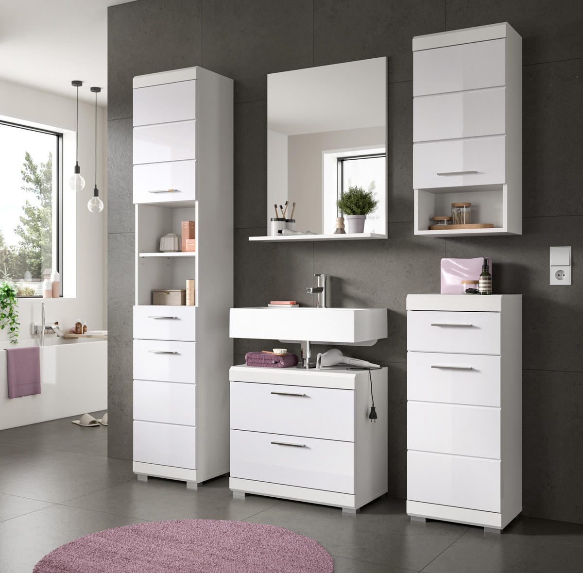 BADMÖBEL-SET weiß Hochglanz 3-teilig 112 cm, Komplettset mit viel Stauraum - Weiß Hochglanz, Glas/Holzwerkstoff (112/191/37cm) - Inn.Furn