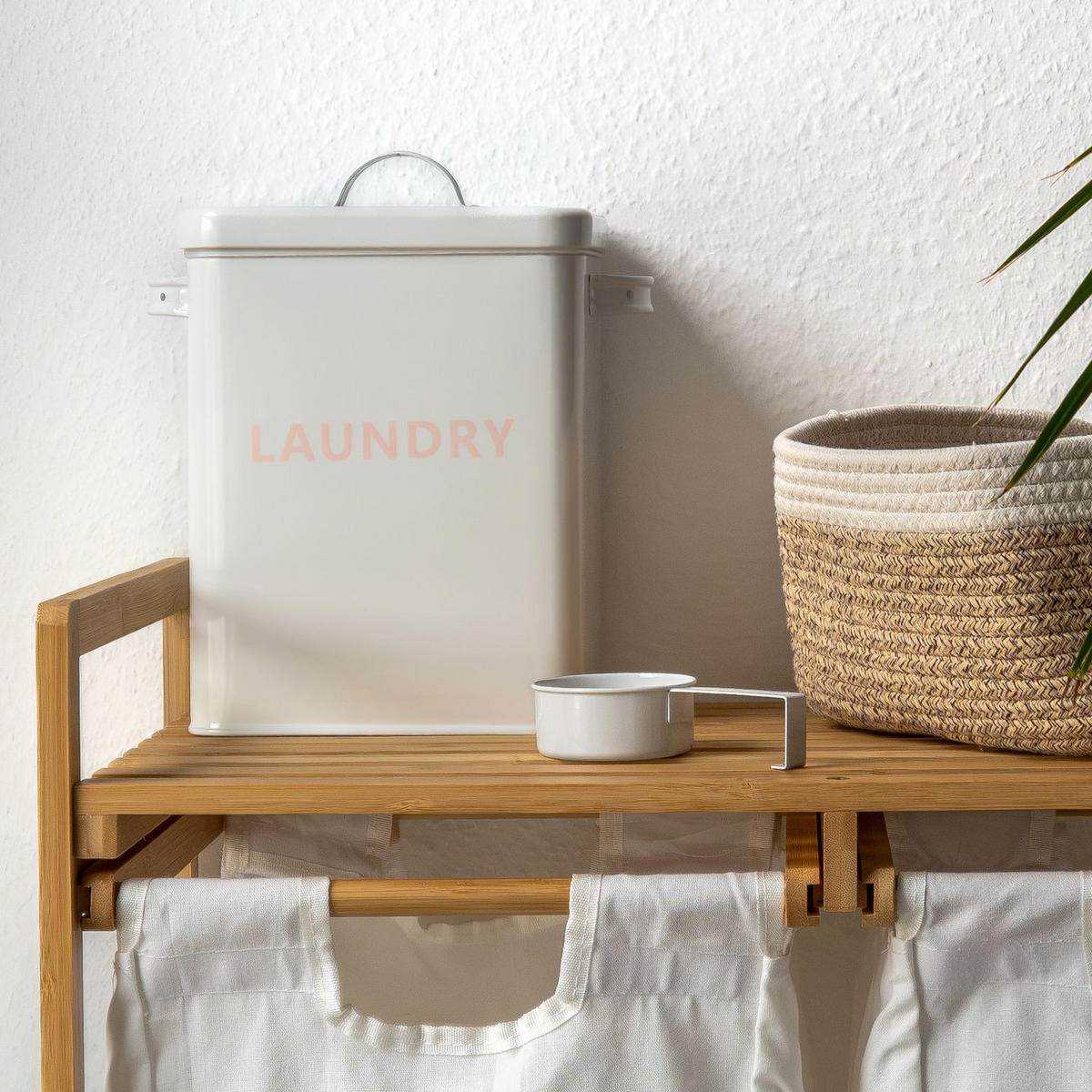 WASCHMITTEL AUFBEWAHRUNGSBOX mit Deckel und Dosierlöffel - Weiß, Metall (18/25/28cm) - Intirilife