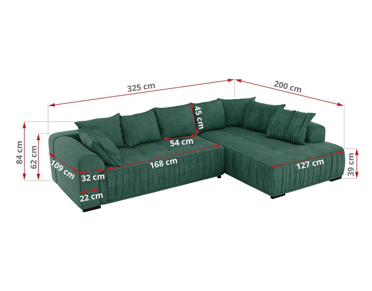 ECKSOFA ORTA Grün Stukture - Links - Schwarz/Grün, Textil (325/200cm) - MKS