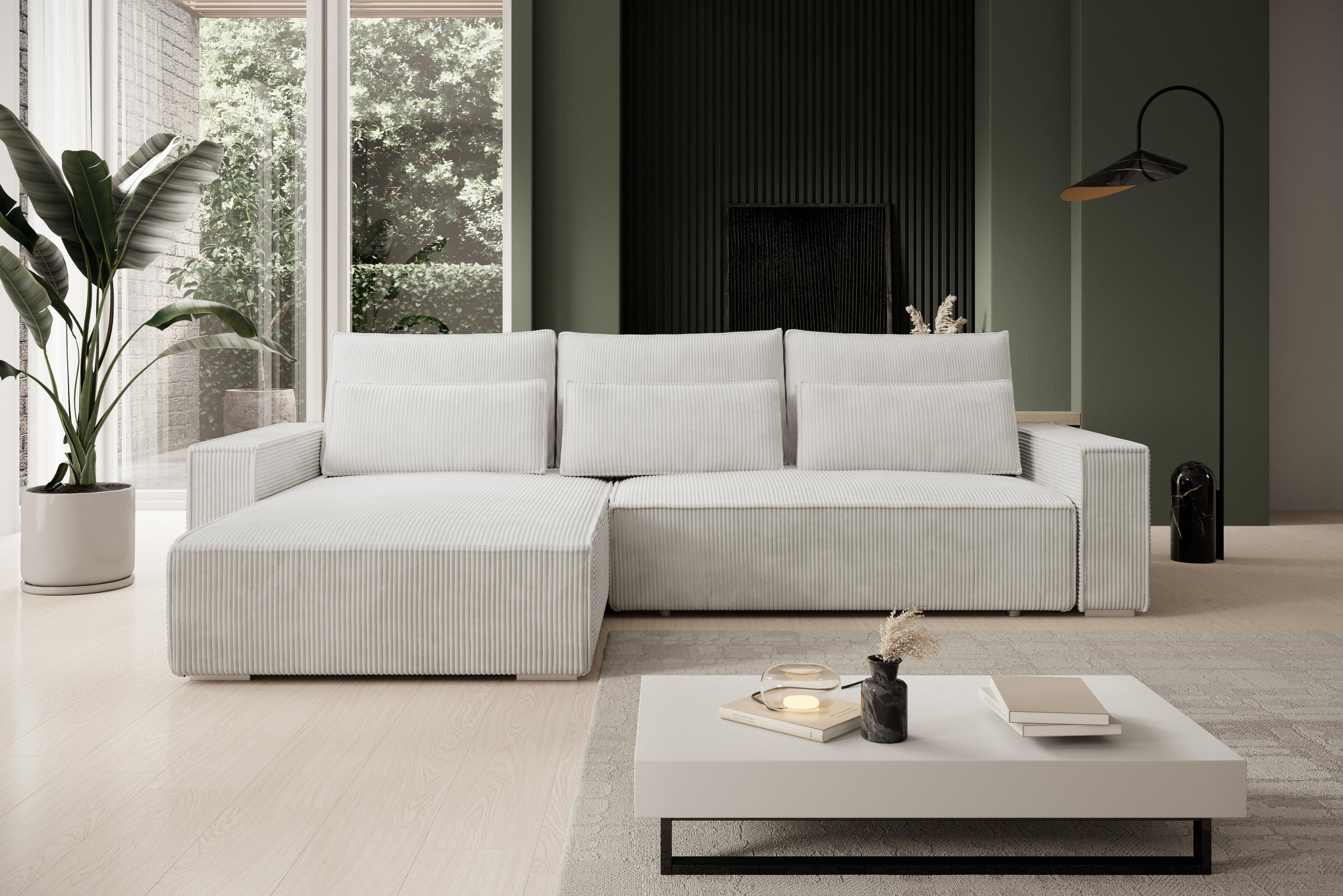 ECKSOFA Alice mit Bettkasten und Schlaffunktion, Cordstoff in L-Form - Creme, Textil (289/184cm)