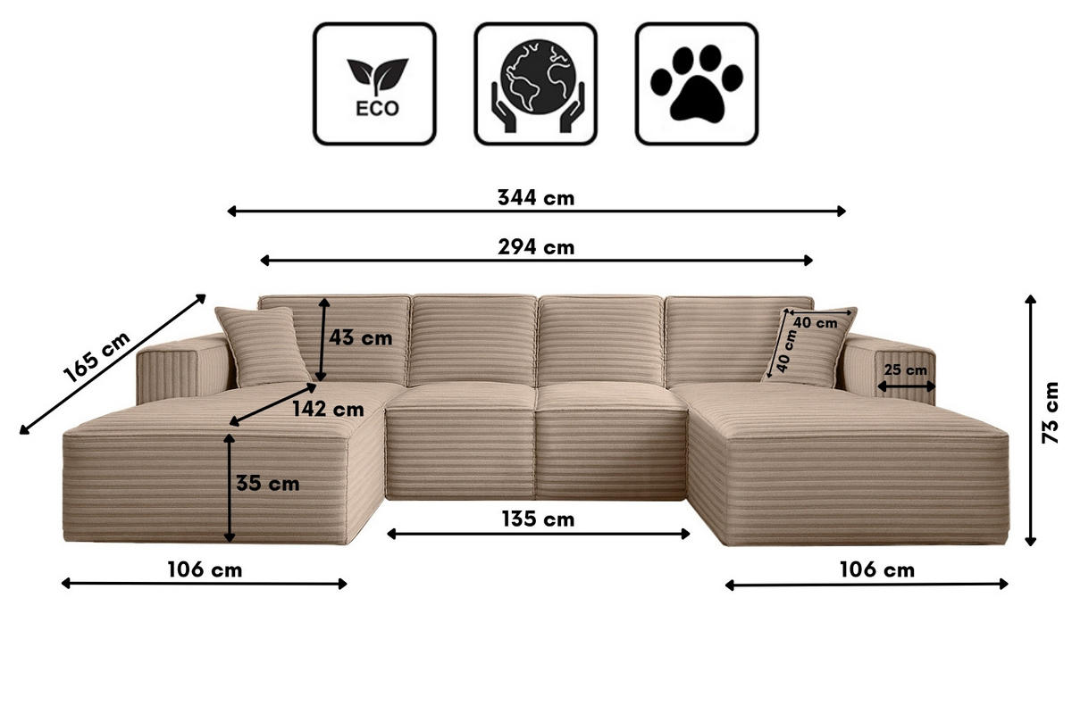 ECKSOFA Siena U ein Stil, der zum Entspannen einlädt, Stoff Velo Beige - Beige, Holz/Textil (344/73/165cm) - Kaiser Möbel