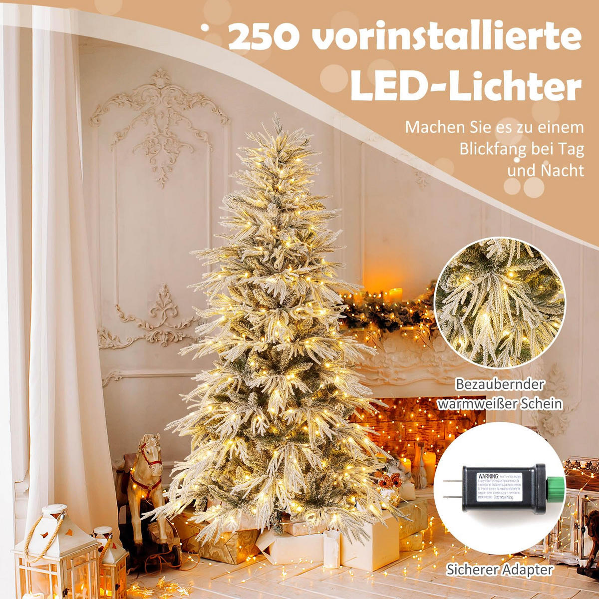 WEIHNACHTSBAUM Tannenform mit 250 warmweißen LED-Lichtern und Schnee 180 cm grün - Grün, Metall (180cm) - COSTWAY