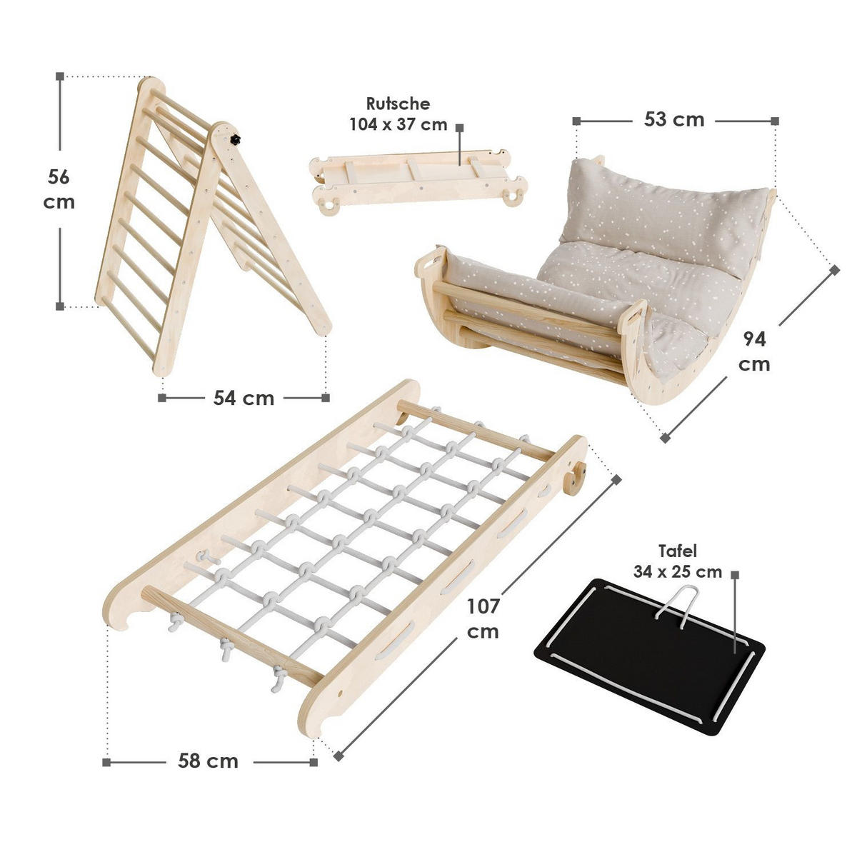 KLETTERDREIECK Movario mit Kissen 80x50cm - Groß - Naturfarben, Holz (56/101/54cm) - Juskys
