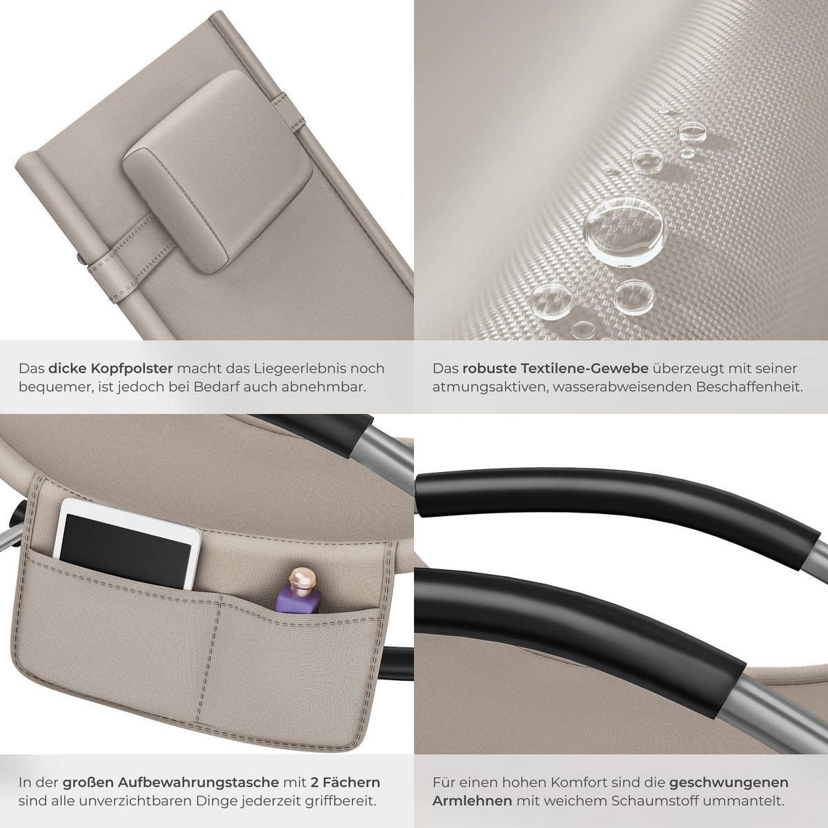 GARTENLIEGE Taya, abnehmbares Kopfpolster, seitliche Aufbewahrungstasche, beige - Beige, Kunststoff (62/92/142cm) - tectake