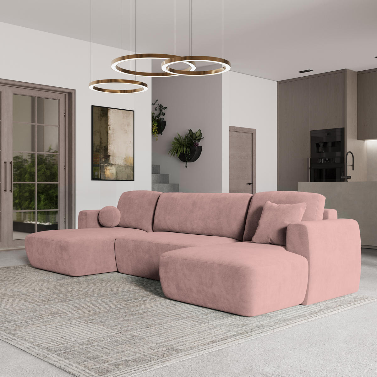 WOHNLANDSCHAFT SENTUM K Rosa Plüsch-Stoff mit Schlaffunktion - Rosa, Holz (330/90/148cm) - MASSENO