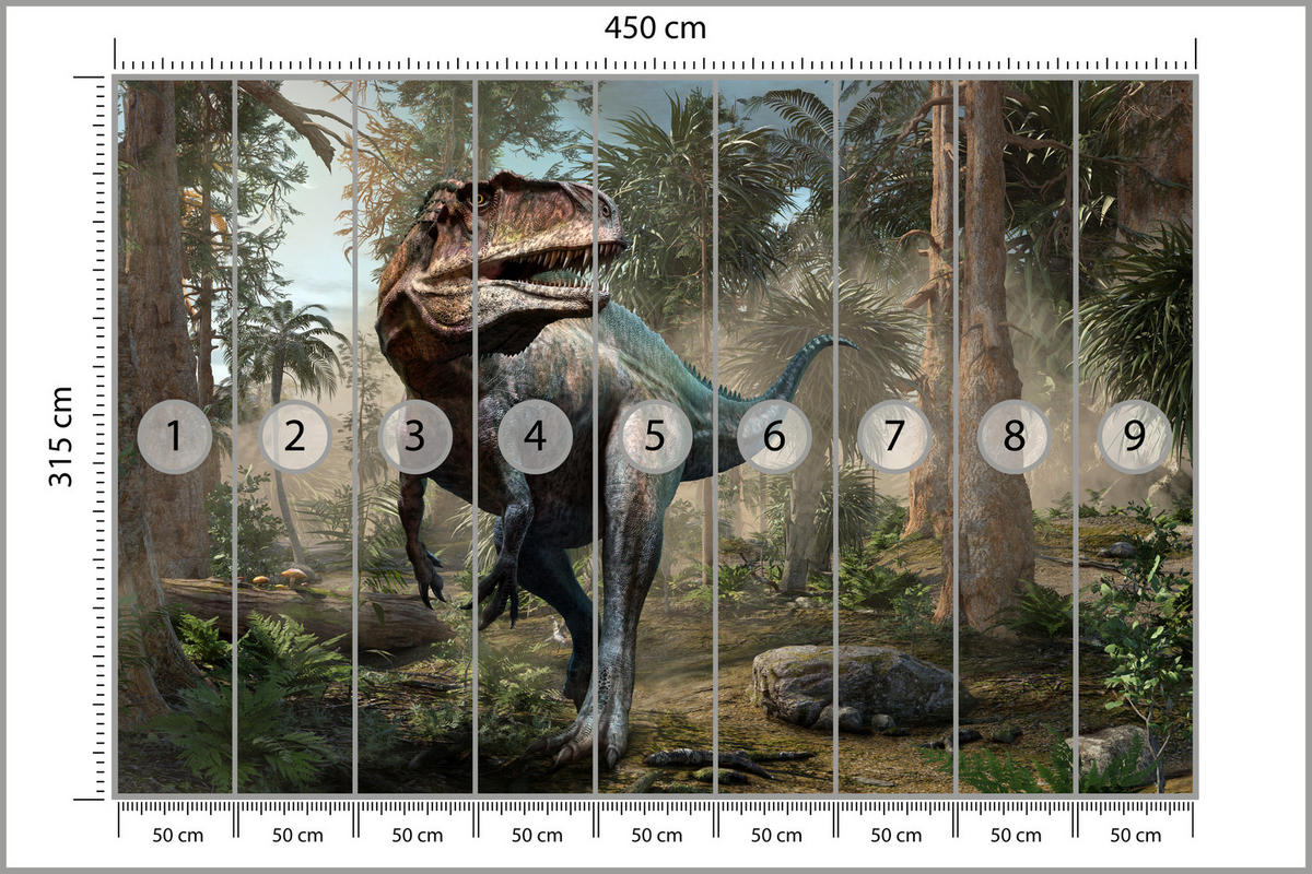 FOTOTAPETE für Jugendzimmer Realistischer Dinosaurier Dschungel Palmen 450x315 - Beige/Schwarz, Papier (450/315cm) - Muralo